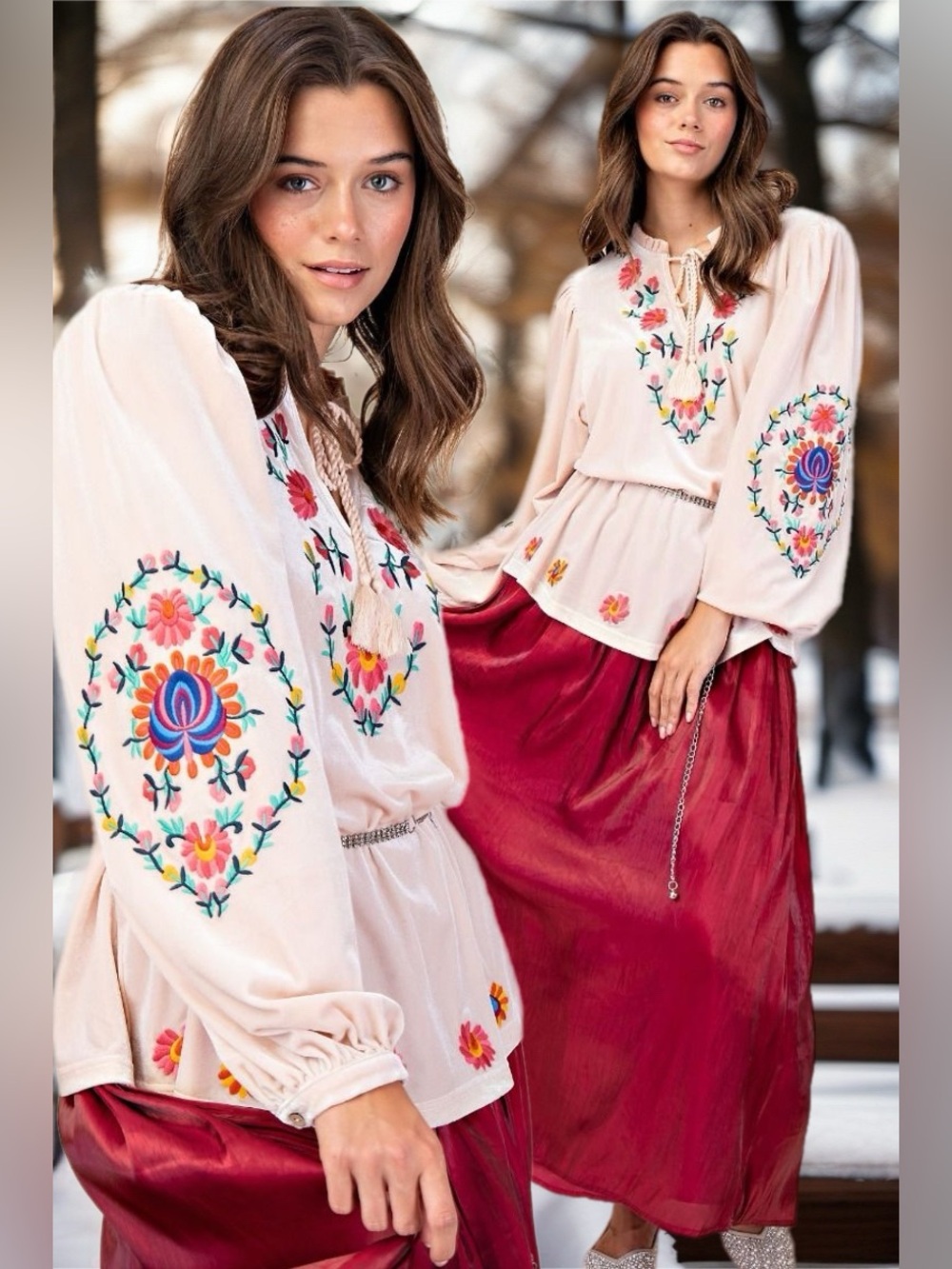 Easel | The Wind in the Wildflowers Tunic Folk Art Embroidered Floral New Large